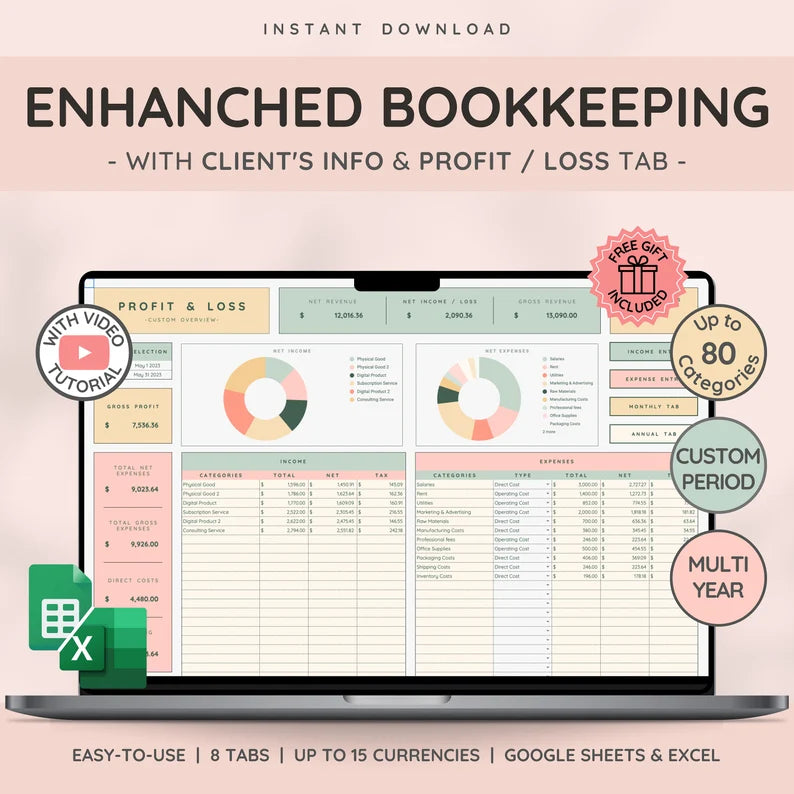 Small Business Bookkeeping Spreadsheet with Profit and Loss | Sales Tracker | Client Tracker & Business Planner - Neweggv